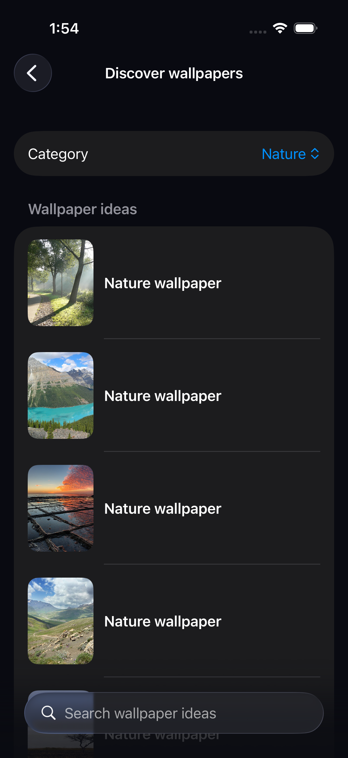 Zallpaper Duo Discover wallpapers screen showing fully loaded Nature wallpaper ideas with image thumbnails