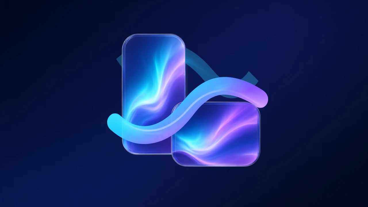 Zallpaper Duo artwork with paired portrait and landscape panels connected by a cyan and violet aurora ribbon